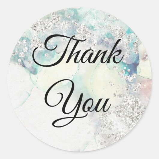 Blauwgroen waterverf zilverglitter ronde sticker (Voorkant)