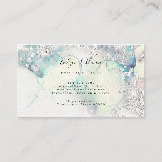 Blauwgroen waterverf zilverglitter visitekaartje (Achterkant)