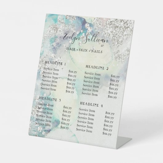 Blauwgroen waterverf zilverglitter voetstuk reclamebord met voetstuk (Voorkant)