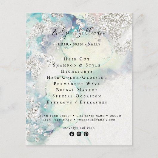 Blauwgroen waterverf zilverglitterflyer flyer (Voorkant)