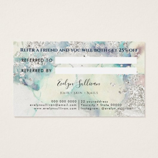 Blauwgroen waterverf zilverglitterverwijzingskaart visitekaartje (Achterkant)