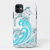 Blauwgroen Waves iPhone Case met Flowers (Achterkant)