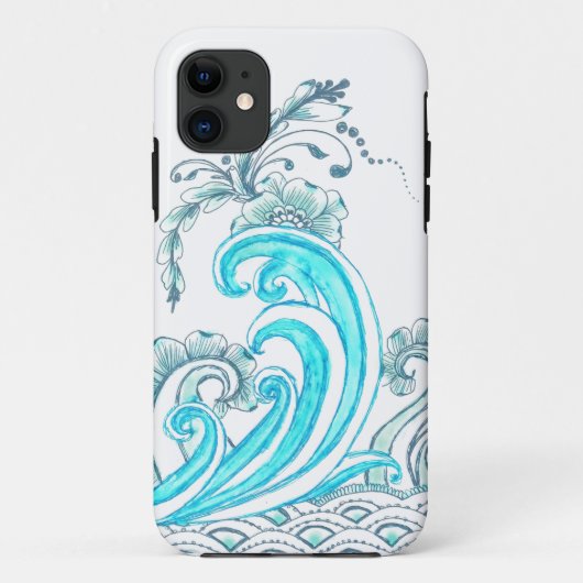 Blauwgroen Waves iPhone Case met Flowers (Achterkant)