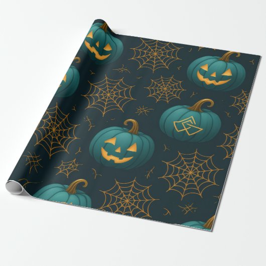 Blauwgroen Webbed Jack - O’ - Lantaarns Cadeaupapier (Uitgerold)