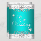 Blauwgroen Weddenschap Zilver White Diamond Hearts Kaart (Voorkant / Achterkant)