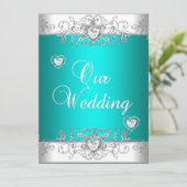 Blauwgroen Weddenschap Zilver White Diamond Hearts Kaart (Staand voorkant)