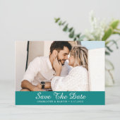 Blauwgroen weduwfoto van het Manuscript sparen de  Save The Date (Staand voorkant)