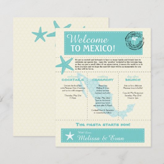 Blauwgroen Welkomstbrief van de Groene Mexico Wedd (Voorkant / Achterkant)