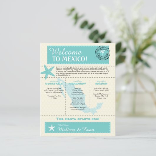 Blauwgroen Welkomstbrief van de Groene Mexico Wedd (Staand voorkant)