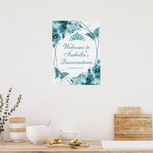 Blauwgroen Welkomstteken Floral Quinceanera Poster (Keuken)