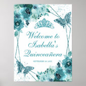 Blauwgroen Welkomstteken Floral Quinceanera Poster (Voorkant)