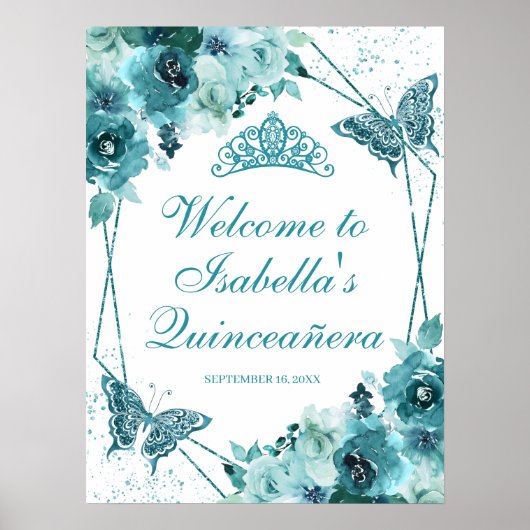 Blauwgroen Welkomstteken Floral Quinceanera Poster (Voorkant)