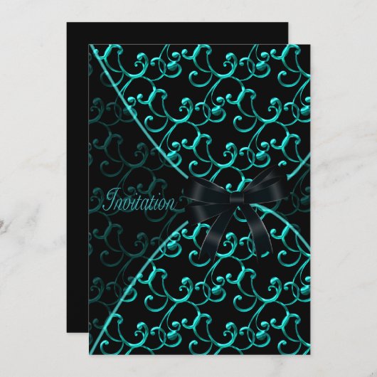 Blauwgroen wervelingen Black Party Event Sjabloon Kaart (Voorkant / Achterkant)