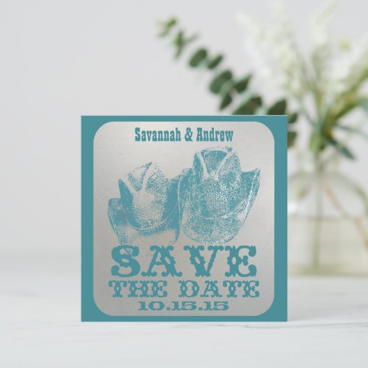 Blauwgroen Westerne Cowboy Cowgirl Wedding Save th Save The Date (Staand voorkant)