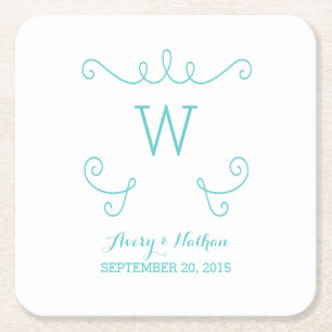 Blauwgroen Whimsical Flourish Monogram Paper Onder Kartonnen Onderzetters