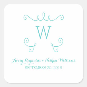 Blauwgroen Whimsical Flourish Monogram Weddenschap Vierkante Sticker