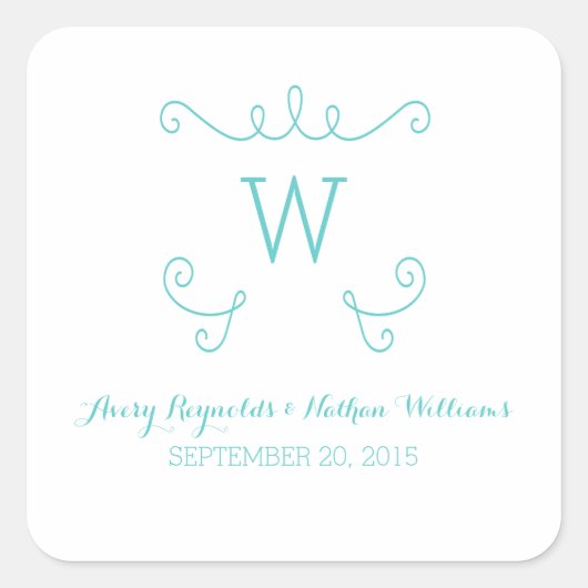 Blauwgroen Whimsical Flourish Monogram Weddenschap Vierkante Sticker (Voorkant)