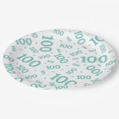 Blauwgroen/White 100th Birthday Party Number Patte Papieren Bordje (Gekanteld)