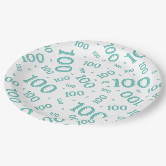 Blauwgroen/White 100th Birthday Party Number Patte Papieren Bordje (Gekanteld)