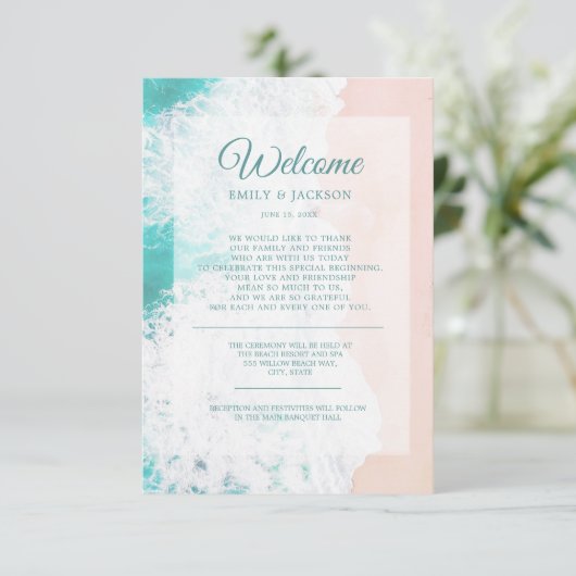 Blauwgroen White Beach Ocean Weddenschap Welkom Informatiekaartje (Staand voorkant)