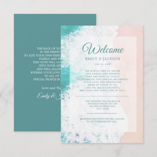 Blauwgroen White Beach Ocean Weddenschap Welkom Informatiekaartje (Voorkant / Achterkant)