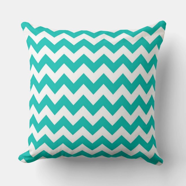 Blauwgroen White Chevron Zig-Zag Pattern Kussen (Voorkant)