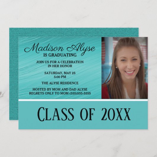 Blauwgroen White Photo Graduation Party Kaart (Voorkant / Achterkant)
