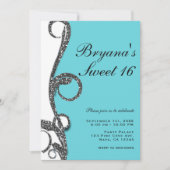 Blauwgroen White Silver Glitter Swirl Sweet 16 Par Kaart (Voorkant)
