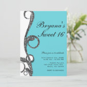 Blauwgroen White Silver Glitter Swirl Sweet 16 Par Kaart (Staand voorkant)