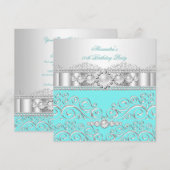 Blauwgroen White Silver Lace Pearl Birthday Party  Kaart (Voorkant / Achterkant)