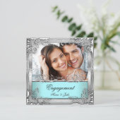 Blauwgroen White Silver Photo van Engagement Party Kaart (Staand voorkant)