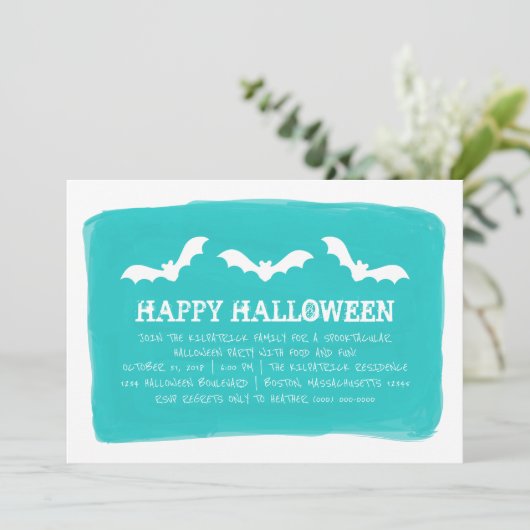 Blauwgroen White Waterverf Bats Halloween Party Kaart (Staand voorkant)