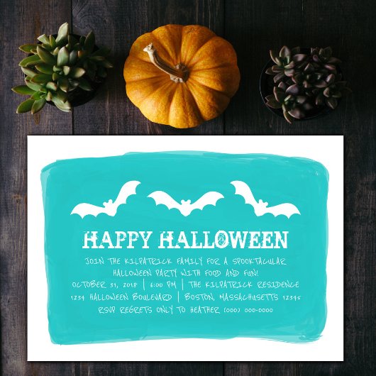 Blauwgroen White Waterverf Bats Halloween Party Kaart