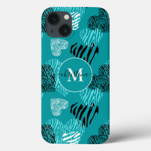 Blauwgroen White Zebra Print Hearts Monogram iPhon Case-Mate iPhone Case