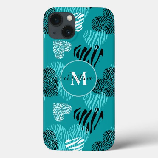 Blauwgroen White Zebra Print Hearts Monogram iPhon Case-Mate iPhone Case (Achterkant)