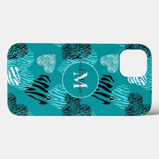 Blauwgroen White Zebra Print Hearts Monogram iPhon Case-Mate iPhone Case (Achterkant (horizontaal))