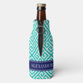 Blauwgroen WHT Grieks Sleutel Diag T Navy Naam Mon Flesjeskoeler (Fles Achterkant)