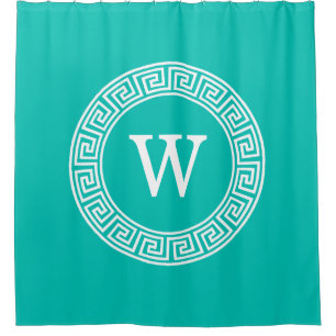 Blauwgroen WHT Grieks Sleutel RND Lijst Initiaal M Douchegordijn