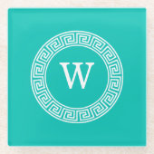 Blauwgroen WHT Grieks Sleutel RND Lijst Initiaal M Glazen Onderzetter (Voorkant)