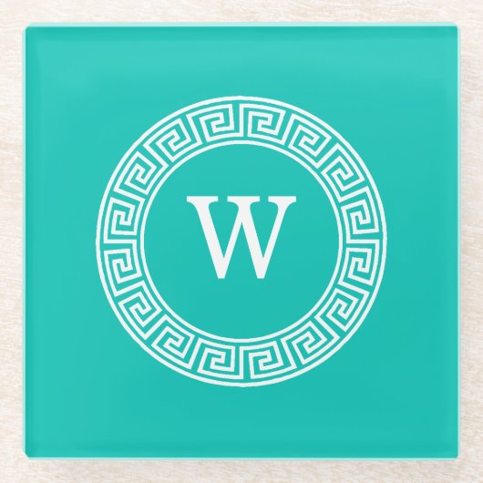 Blauwgroen WHT Grieks Sleutel RND Lijst Initiaal M Glazen Onderzetter (Voorkant)
