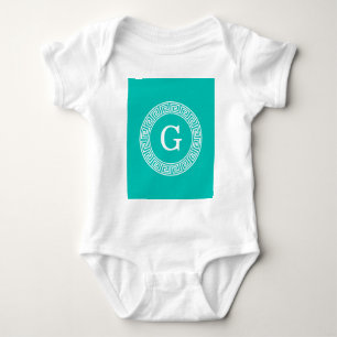 Blauwgroen WHT Grieks Sleutel RND Lijst Initiaal M Romper
