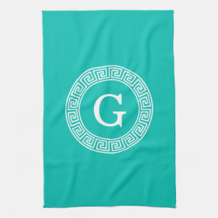 Blauwgroen WHT Grieks Sleutel RND Lijst Initiaal M Theedoek