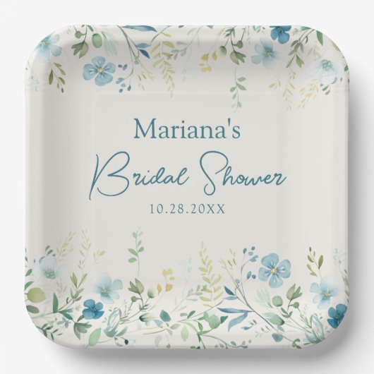 Blauwgroen Wildbloemen op Beige Bloemen Vrijgezell Papieren Bordje (Voorkant)