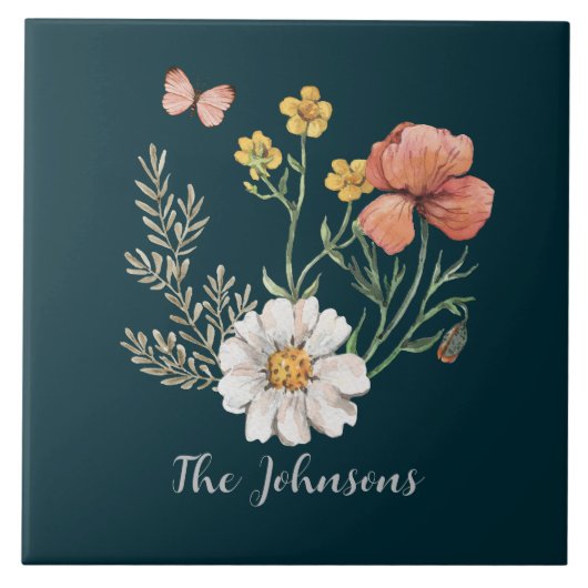 Blauwgroen wilde bloem tegeltje (Voorkant)