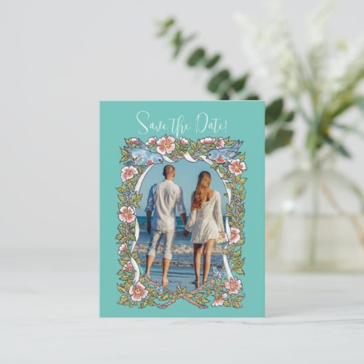 Blauwgroen Wildflower Bird Border Sla de datum fot Briefkaart (Staand voorkant)