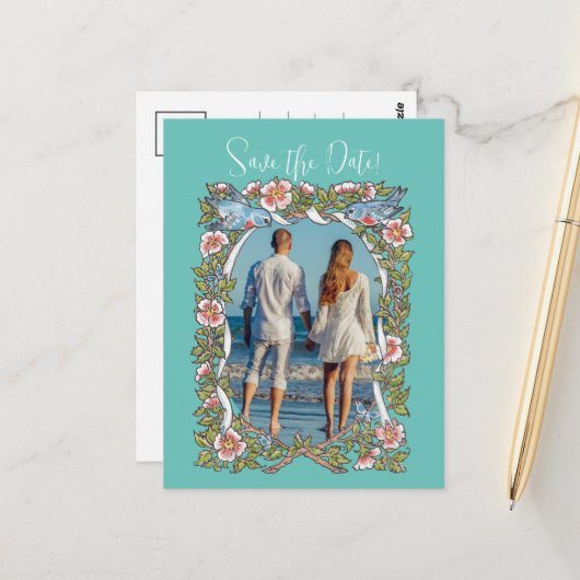 Blauwgroen Wildflower Bird Border Sla de datum fot Briefkaart (Voorkant / Achterkant in situ)