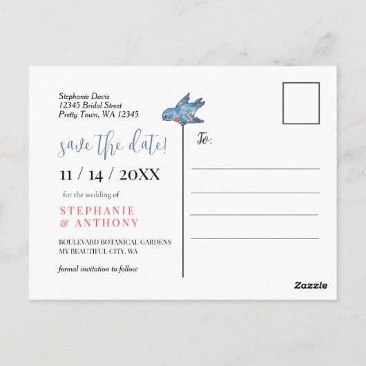 Blauwgroen Wildflower Bird Border Sla de datum fot Briefkaart (Achterkant)