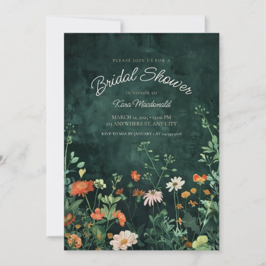 Blauwgroen Wildflower Bridal Shower Invitation Kaart (Voorkant)