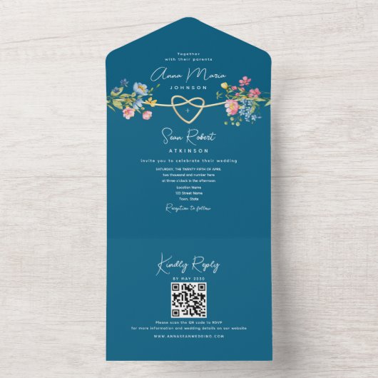 Blauwgroen Wildflower bruiloft All In One Uitnodiging (Binnen)