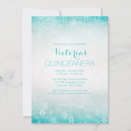  Blauwgroen winter Wonderland Quinceanera Invites Kaart (Voorkant)